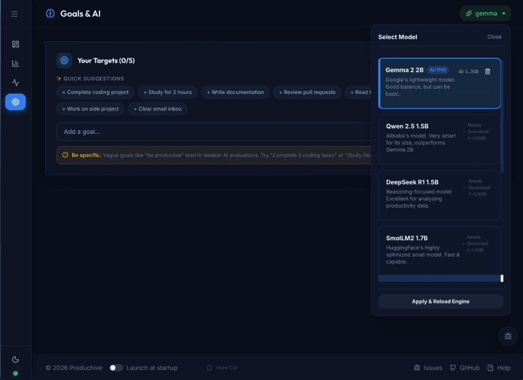 Produchive goals and AI model selection showing Gemma 2B, Qwen 2.5, DeepSeek R1, and SmoiLM2