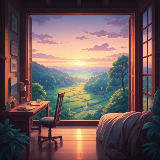 Stunning Ghibli-inspired landscape with a quiet study room