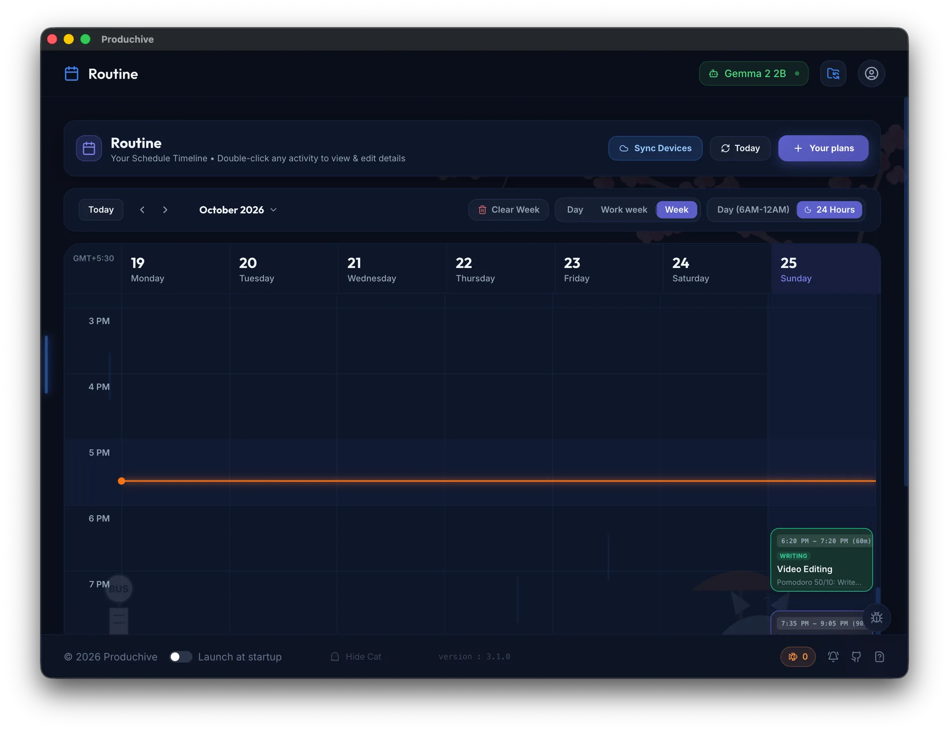Produchive week calendar with a 24-hour view and scheduled routine blocks